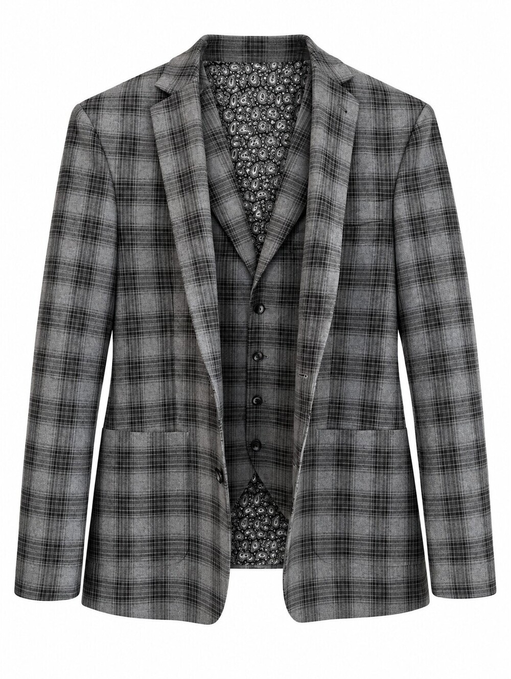 Murano Mens M Gray Plaid Blazer Vest 2 Piece Set Paisley Lined Preppy